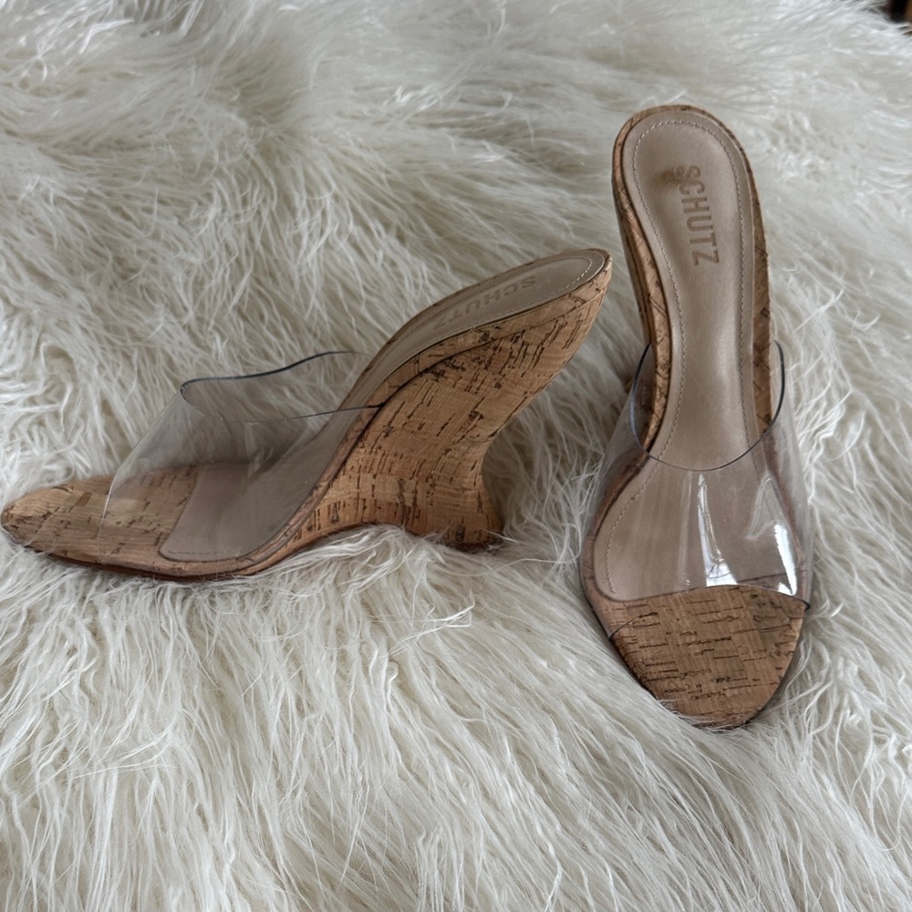 Schutz Transparent and Tan Cork Wedges